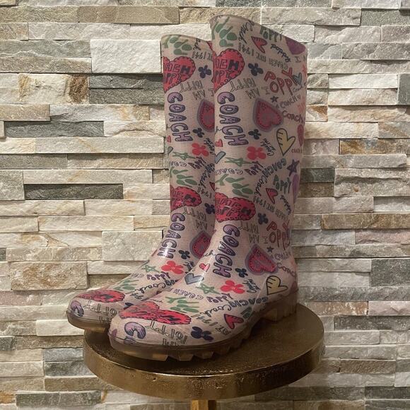 Coach Poppy Size 11 Rain Boots | Rare Graffiti Logo Print, Vibrant Colors - Picture 1 of 9